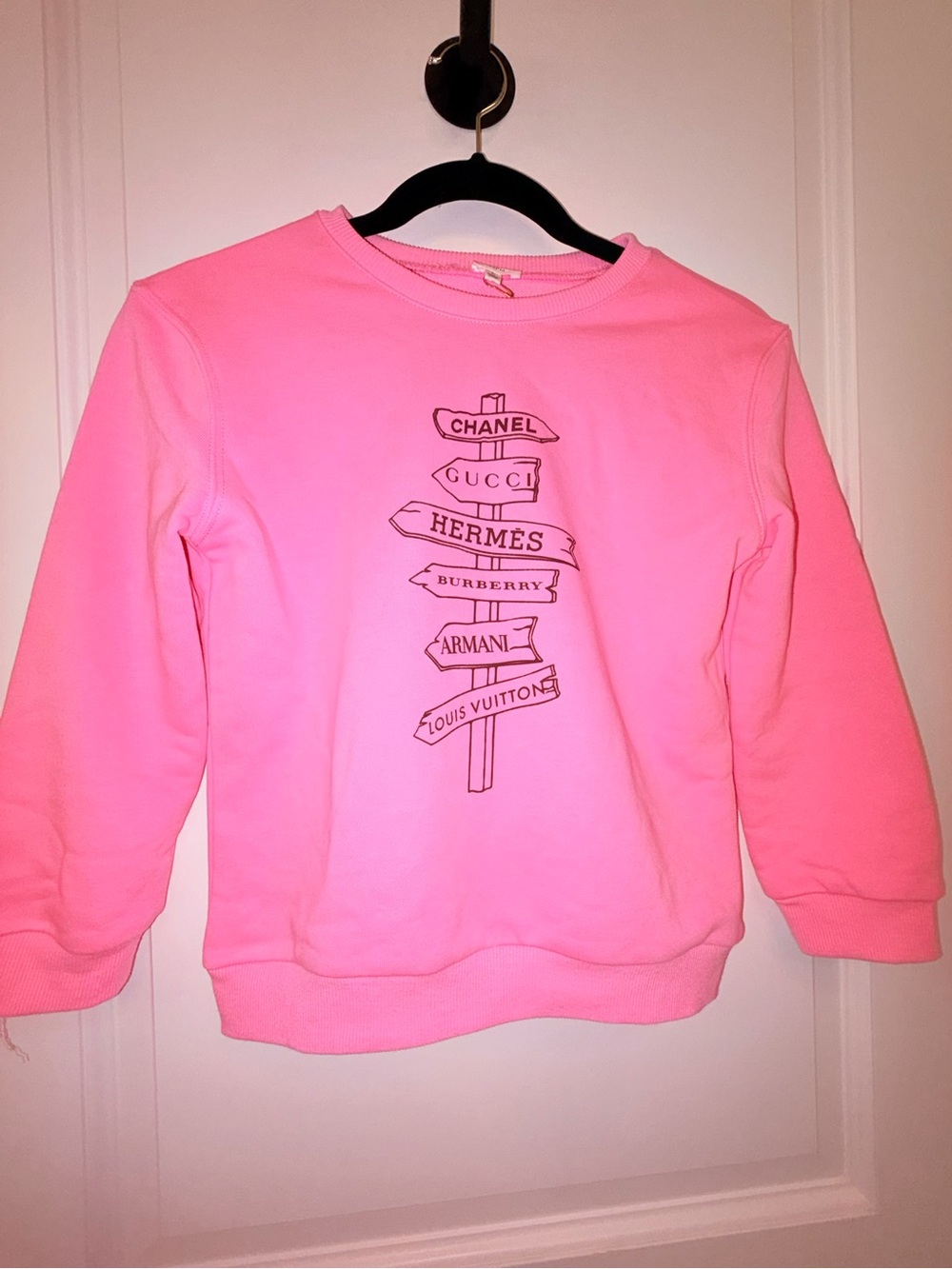CHANEL Pink Kids Crewneck Sweatshirt with Designer Signpost Graphic